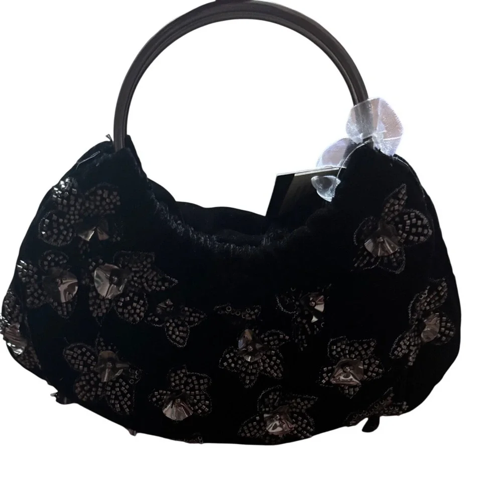 New Release Velvet Beaded Floral Black Chic Round Handle Small Tote Bag NWT